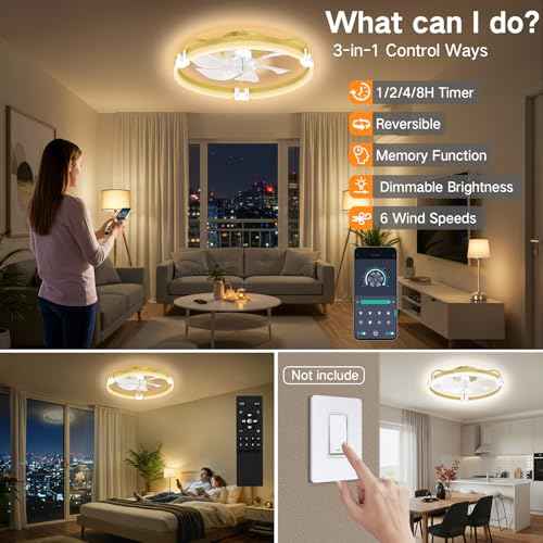 OUTON 20" Ceiling Fan with Light, Remote & App Control, Fandelier Low Profile Flush Mount Ceiling Fan with 3000K-6500K Stepless Dimmable, 6 Speed, Quiet DC Motor, Small Modern Ceiling Fans for Bedroom