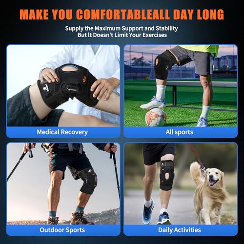 Knee Brace with Side Stabilizers & Patella Gel Support, Knee Brace for Men/Women with Removable Dual Metal Hinges, Adjustable Knee Braces for Knee Pain Relief, Arthritis, Meniscus Tear, ACL, PCL, MCL