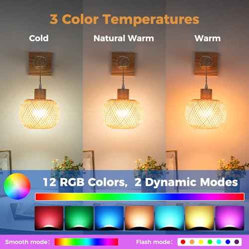 Battery Operated Wall Sconce with Remote Set of 2, Rechargeable Rattan Wall Sconces with 8000mAh Bulbs, Woven Bamboo Wall Light/Lamp Boho Wall Sconce for Bedroom