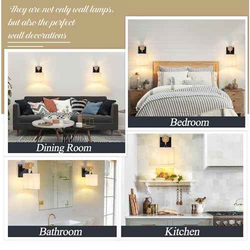Boho Wall Sconces Set of Two, Hardwired Farmhouse Fabric Wall Lamps with Wooden Arm & On/Off Dimmable Switch,Rustic Indoor Wall Mount Light Fixtures for Bedroom Nursery Living Room Bathroom