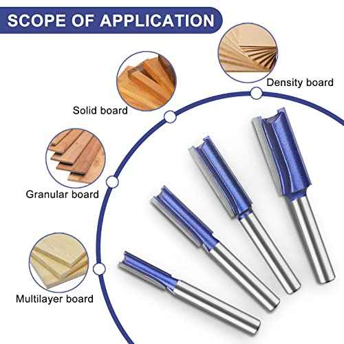 Professional Double Flute Straight Router Bits 1/4 Inch Shank, Flush Trim Router Bit Set, Cutting Diameter Respectively 1/4", 5/16", 3/8", 1/2".