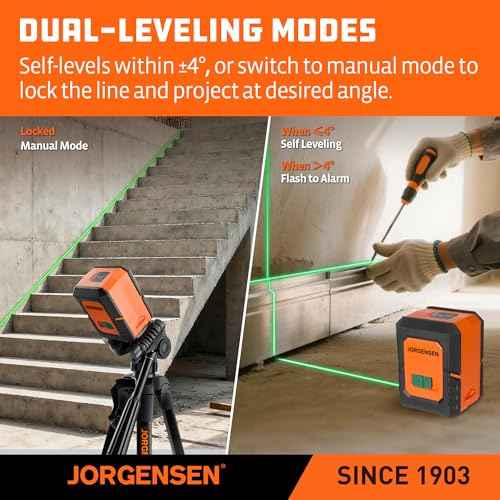 JORGENSEN Laser Level with Tripod, 100 FT Dual Modules Self Leveling Cross Line Laser Leveler Tool with 360¡Æ Magnetic Base, Green Laser Level for Picture Hanging, Tile, Home Renovation, Indoor Project