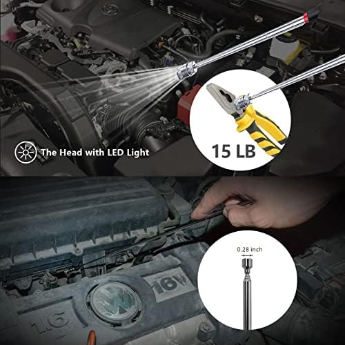 Telescoping Magnetic Pickup Tool Set with 1 & 15 lb Pick Up Sticks, Round and Square 360 Adjustable Inspection Mirror and Flexible LED Flashlight, Birthday Gifts for Men, Dad