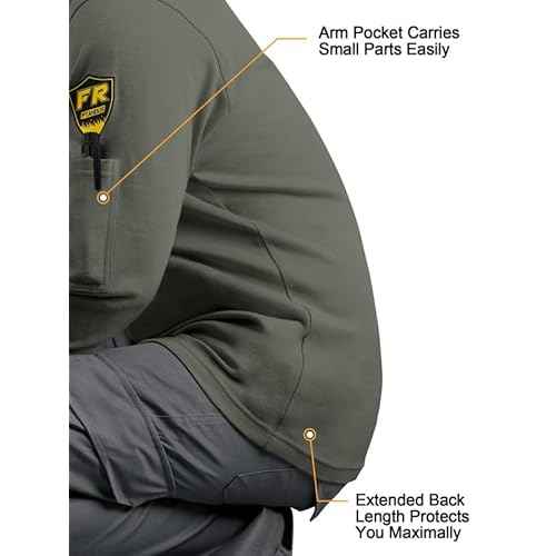 FR Shirts for Men,5.5oz/7.1oz Round Neck Flame Resistant Long Sleeve Shirts, 100% Cotton Workwear FR Clothing for Men
