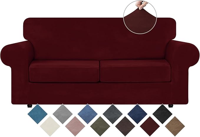 WEERRW Velvet Couch Covers for 2 Cushion Couch Sofa - High Stretch Luxury Velvet Plush 3 Pieces Sofa Slipcovers with Elastic Bottom, Furniture Protector for Pets, Machine Washable, Burgundy, Medium