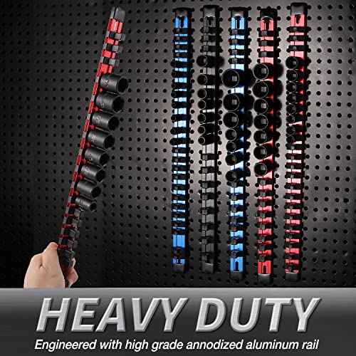 ALOANES 3 PC 3/8-Inch Drive Aluminum Alloy Socket Organizer, Heavy Duty Socket Racks, Socket Holder Kit 3/8-Inch x 54 Clips (Red)