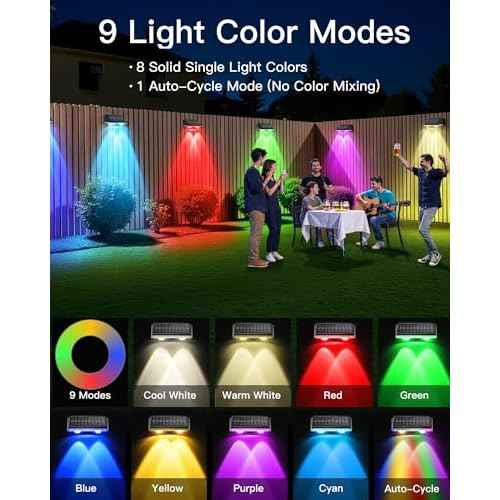 Solar Fence Lights Outdoor, 6 Pack IP65 Waterproof Fence Lights Solar Powered with Ultra-Bright LED Lens, 9 Color Modes, 12+ Hours Steady Glow for Deck/Backyard/Patio/Pool/Wall - Black