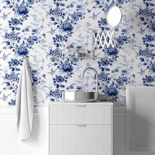 RUSPEPA Peel and Stick Wallpaper - Blue Flower White Design Self Adhesive Removable Wallpaper Decorative Waterproof Contact Paper for Cabinets, Walls - 17.3 Inch x 6.5 Feet