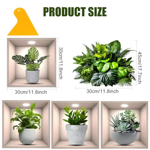5 Pack 3D Green Plant Wall Decals Peel and Stick, Waterproof Wall Stickers Decor, Durable Vinyl Wall Murals for Bedroom, Living Room, Bathroom, Kitchen, Office