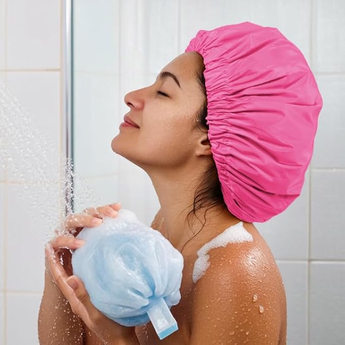 Reusable Shower Cap for Women, Large Waterproof Shower Bonnet with Elastic Band, Washable Bath Hair Cap for Long, Curly Hair, Braids, Daily Shower, Home Spa, Travel(Rose Red)