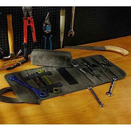 Waxed Canvas Multi-Purpose Waterpoof Tool Organizer Bags, Portable Carry On Pouch with 1 Small Detachable Tool pouch and 1 Zipper Pockets, 24.5" X 10.5"|ArmyGreen