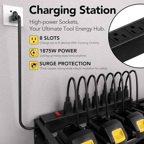 Power Tool Organizer Wall Mount with Charging Station, Cordless Tool Organizer, 12 Drill Holders 4-Tier Heavy Duty Drill Rack with 8-Outlet Power Strip, Garage Gift for Men