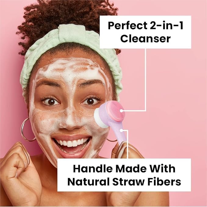 Lindo Eco Clean Face Brush, 2-in-1 Facial Cleanser, Dual-Sided Manual Exfoliating Brush, Handle Made of Natural Plant Fibers, Vegan, for Deep Cleansing & Gentle Exfoliation