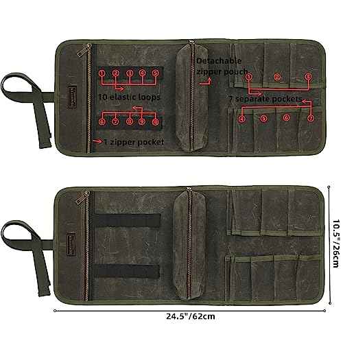 Waxed Canvas Multi-Purpose Waterpoof Tool Organizer Bags, Portable Carry On Pouch with 1 Small Detachable Tool pouch and 1 Zipper Pockets, 24.5" X 10.5"|ArmyGreen