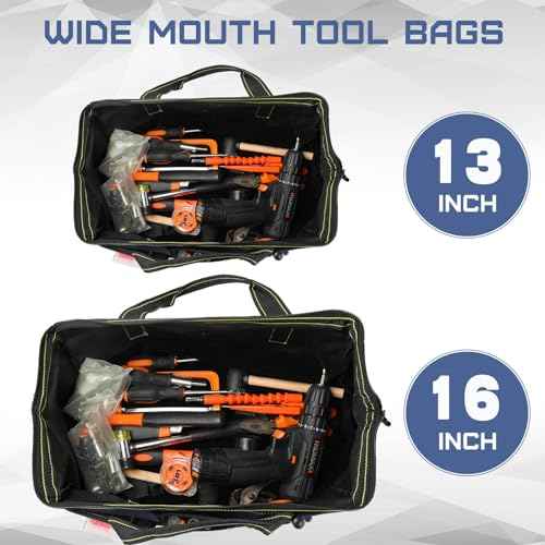 Cunno 2 Pcs Tool Bag with Waterproof Strong Molded Base Multi Pockets Wide Mouth Tool Tote Multifunctional Tool Bag Organizer Large Capacity Heavy Duty Tool Storage Bag(Blue,18 Inch, 13 Inch)
