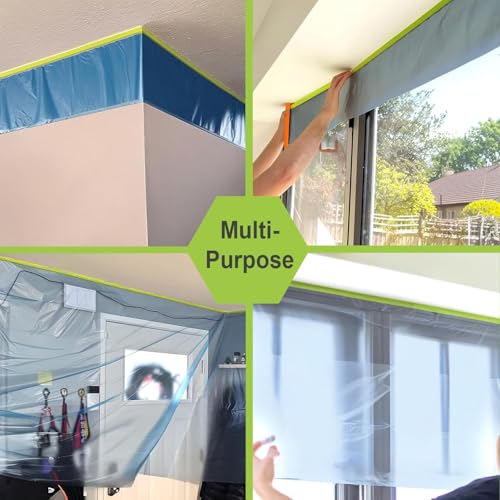 Pre-Taped Masking Film for Painting ? 22" x 66' Plastic Sheeting with Automotive Paint Tape, Easy Tear, No Residue ? Painter¡¯s Tape and Drape for Car, Wall, Window & Furniture Protection