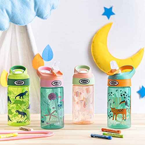 Zak Designs 16oz Riverside Kids Water Bottle with Spout Cover and Built-in Carrying Loop, Made of Durable Plastic, Leak-Proof Water Bottle Design for Travel (Dino Camo & Safari, Pack of 2)