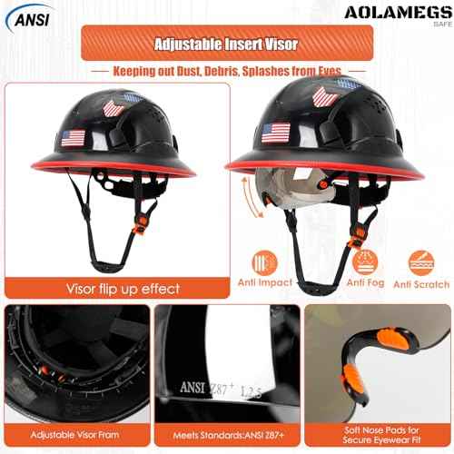 Full Brim Hard Hats Construction OSHA Approved with Clear Visor - Cascos De Construccion Vented Hard Hat with Chin Strap ANSI Z89.1 Adjustable Cool Vent Work Safety Helmet for Men Women