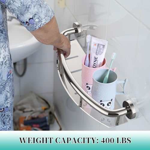 Polished Chrome Safety Grab Bar 18-inch with Storage Shelf for Bathtub or Shower, Drainage Holes, Stainless Steel, Wall Mounted Grab Bars for Elderly Injured Balance Support
