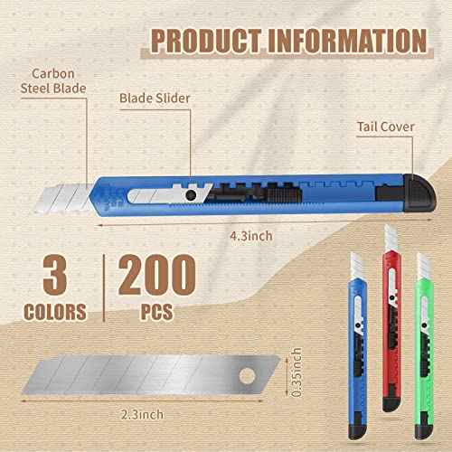 Lasnten 200 Pcs Box Cutter Utility Knife Small Retractable 9mm Wide Snap off Blade Knife Plastic Compact Box Opener with Sliding Lock Tools for Home Office Arts Crafts, 3 Colors