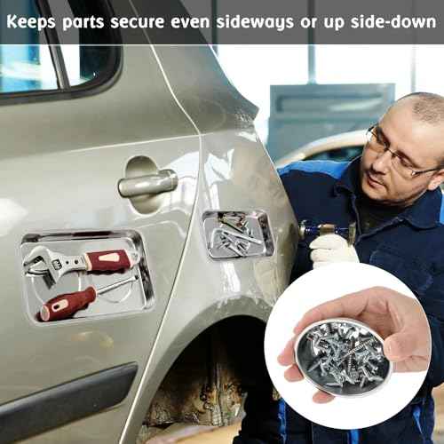 Geiserailie 4 pcs Magnetic Tray with Magnetic Pin Screw Bolt Holder Round Magnet Parts Bowl Stainless Steel Pickup Tool Tray for Mechanic's