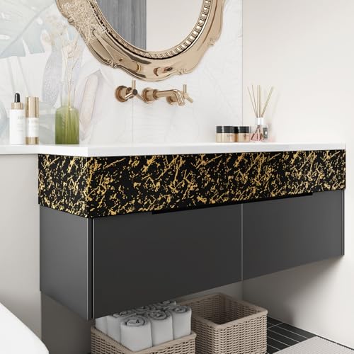 Wallercity Black/Gold Wallpaper Border Peel and Stick Removable Mirror Frame Border Matte Marble Wall Paper Bathroom Wallpaper Waterproof Borders for Walls Living Room Bedroom Restrooms 3.94x197 in