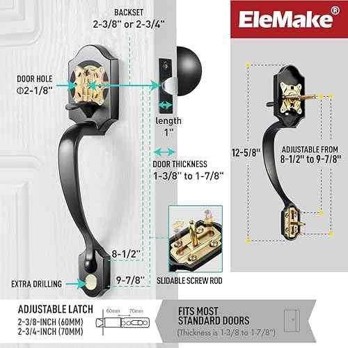 Front Door Handleset, Entry Door Handle Set with Cove Knob for Right and Left Handed Sided Doors, Interior and Exterior Entrance Passage Lock, Lower Half Grip, Matte Black