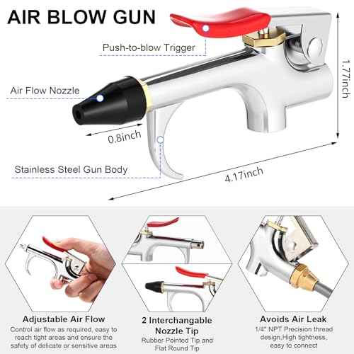 4 Set Heavy Duty Truck Air Seat Blow Gun Air Duster Blow Gun with 2 Interchangeable Nozzle Tips 1/4 Inch NPT X 11.5 Feet Nylon Hose Dust Cleaner for Truck Cab(Conventional)