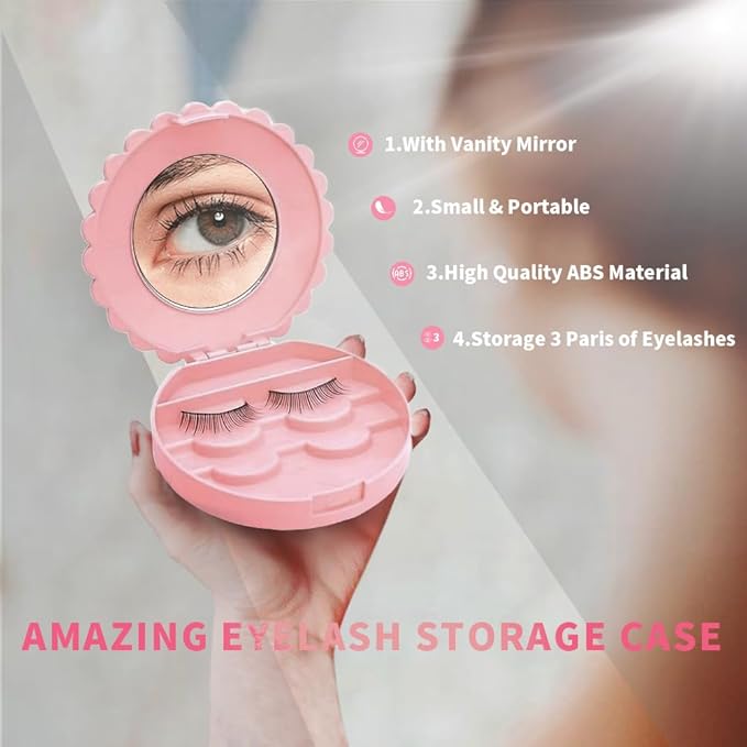 2 PCS Cosmetic Case with Mirror Eyelash Case Makeup Storage Box Travel Cosmetic Bag Pink Place Eyelashes