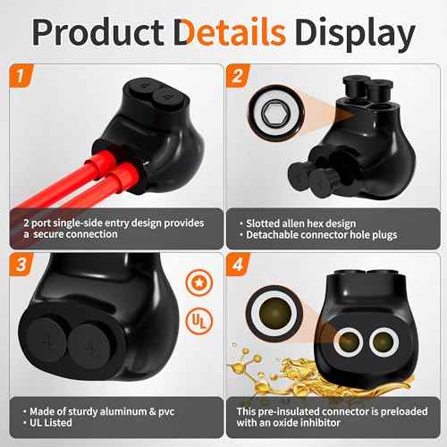 Joinfworld 2 Port Insulated Multi Tap Connector Aluminum to Copper Wire Connectors 4-14AWG Single Side Entry Aluminum Black Electrical Cable Connectors with Slotted Allen Hex - 10 Pack