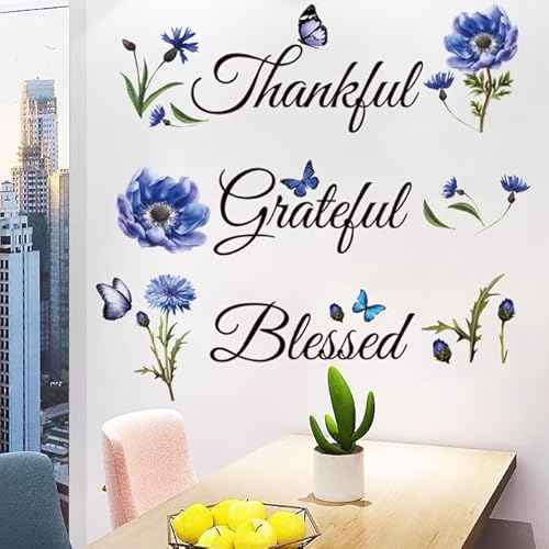 Inspirational Sticker Quote Grateful Thankful Blessed Removable Peel and Sticker Religious Wall Decor Blessed Wall Sign Inspirational for Kitchen Living Room Dining Room.