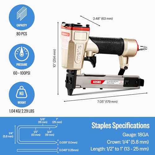 meite 425KC Narrow Crown Stapler, Fits 18 Gauge 1/4" Crown 1/2" to 1" Staples, with Safety Trigger, Heavy Duty Staple Gun for Wood, Furniture, Fabric, Leather, DIY & Professional Use