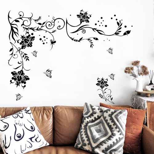 Supzone Flowers & Butterflies Wall Decals - DIY Black & Floral Wall Stickers for Bedrooms & Living Rooms