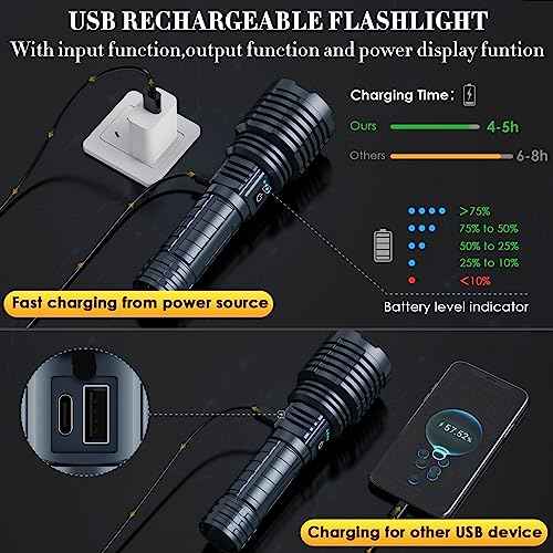 Super Bright Rechargeable Flashlights 2400.000 High Lumen, Powerful LED Flashlight, IPX7 Waterproof Floodlight & Spotlight Flashlight 2-in-1 W/5 Modes for Camping, Emergency, Search & Rescue