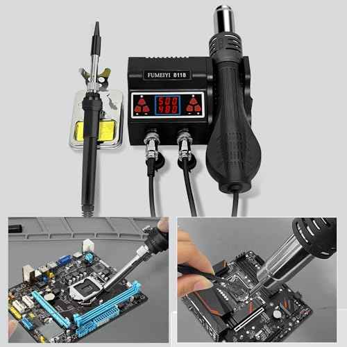 8118 Soldering Station Kit: Includes an 8118 hot air gun, 2 rolls of solder wires, 5 soldering tips, a simple stand, a desoldering pump, and a pair of curved tweezers