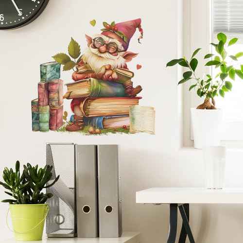 Gnome Reading Wall Decals Books Reading Wall Stickers Peel and Stick Wall Art Decals for Kids Room Classroom Nursery Bedroom Playroom Decor (Style1)