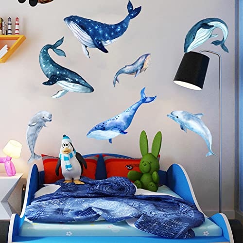 Giant 5 Sets Blue Whale Wall Decals and 2 Sets Jumping Blue Dolphin Wall Stickers Peel and Stick Wallpaper Wall Art Mural Decor for Kids Teens Bedroom Home Office Dorm Party Nursery