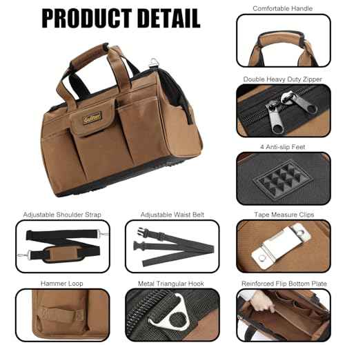 14 Inch Heavy Duty Tool Bag,22-Pocket Wide Mouth Soft Tool Box Organizer,Detachable Tool Belt Pouch with Adjustable Shoulder Strap and Waist Belt,Multifunction Carrying Toolbag for Men/Women