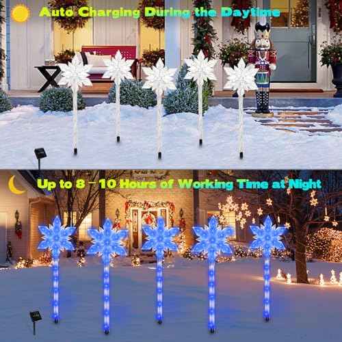 Snowflake Solar Christmas Pathway Lights, Set of 10 LED Outdoor Stake Lights, Waterproof Christmas Decorations for Garden, Yard, Lawn, Walkway, Patio Decor (10pcs Blue)