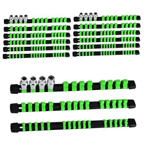 Socket Organizer Set 15PCS ABS Socket Holder Kit, 1/4-Inch x 80 Clips, 3/8-Inch x 75 Clips, 1/2-Inch x 60 Clips Socket Set Organizer, Drive Socket Tray, Socket Holders Clip Socket Rail, Green