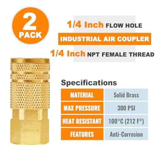 SUNGATOR 1/4'' Air Hose Fittings, 2-Pack Brass 1/4 Inch NTP Female Industrial Couplers, 1/4'' Air Line Quick Connect Fittings, Compressor Hose Repair Accessories Kit, 1/4 Inch NTP Couplers