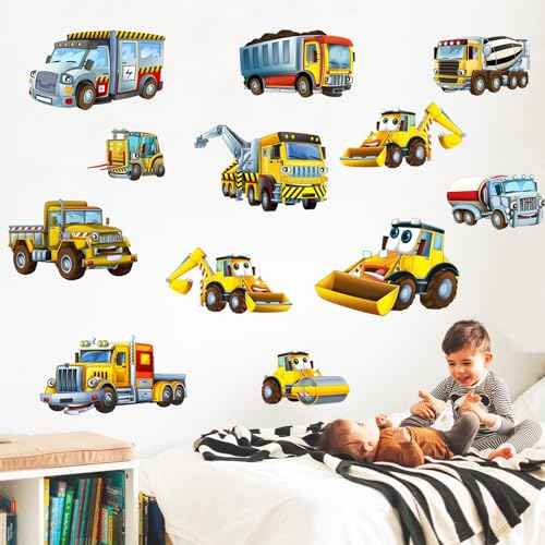 Large Construction Cars Wall Stickers 12 PCS Truck Wall Decals for Kids Room, Cartoon Excavators & Rollers Wall Decor Posters Lovely Vehicles Art Murals Decorations for Nursery Playroom
