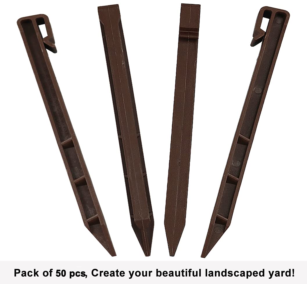 50 PCS Brown Landscape Edging Garden Stakes, 10 Inch Landscaping Anchoring Spikes Heavy Duty Plastic Garden Ground Netting Stakes Brown for Edging & Garden