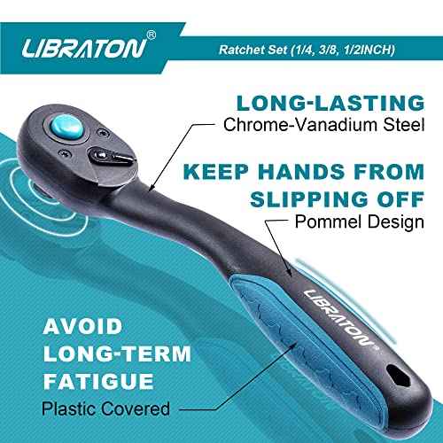 LIBRATON Ratchet Handle, 3 PCS 1/4", 3/8", 1/2" Heavy Duty Drive Ratchet Socket Wrench with Quick-Release Head, 72 Teeth, Reversible Design, Comfort Grip for Car Repair, EVA Organizer