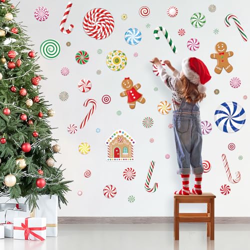 Christmas Candy Wall Decals, 8 Sheet Christmas Decorations Wall Stickers Peppermint Candy Cane Gingerbread Decals for Walls for Candyland Xmas Decoration