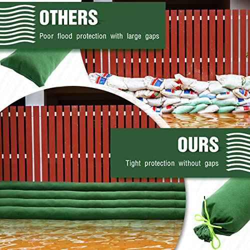 Threan 4 Pcs Long Canvas Sandbags for Flooding Sand Tube Bags Flood Protection Thickened Reusable Rain Wind Flood Barrier with Elastic Band Water Barrier Tube for Door Rain Control, Green (11 ft)