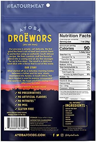Ayoba Traditional Droewors Grass Fed Beef Paleo Sticks (4 Ounce, Pack of 1) - Keto Friendly, Air-Dried Beef Protein Snacks - Low Carb, Gluten Free, Nitrate Free, No Sugar, Meat Snacks