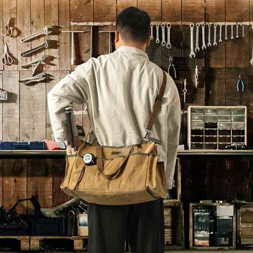 Tool Tote, Heavy Duty Waxed Canvas Wide Mouth Tool Pouch, Muti-Purpose Tool Bag with Adjustable Shoulder Strap (15 X 9.8 X 7.8 inch) | Khaki