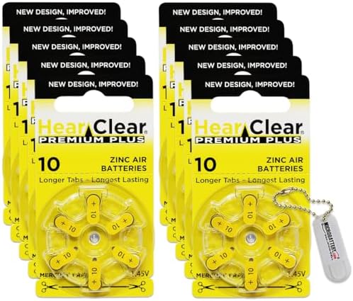 Size 10 PR230 Hearing Aid Batteries Yellow Tab (60 Batteries) + Battery Holder Keychain