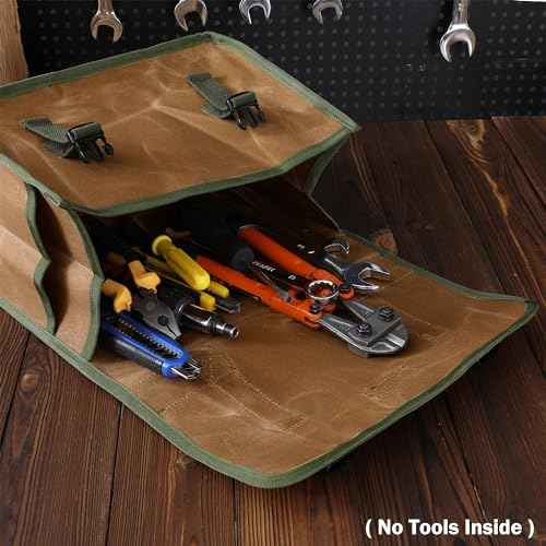 Tool Bag, Heavy Duty 16oz Waxed Canvas Tool Carrier, Multi-Purpose Tote Bag with 1 Large Capacity & 2 Side Pockets, Portable Tool Storage for Wrenches Chisels Scissors Hammer - Khaki